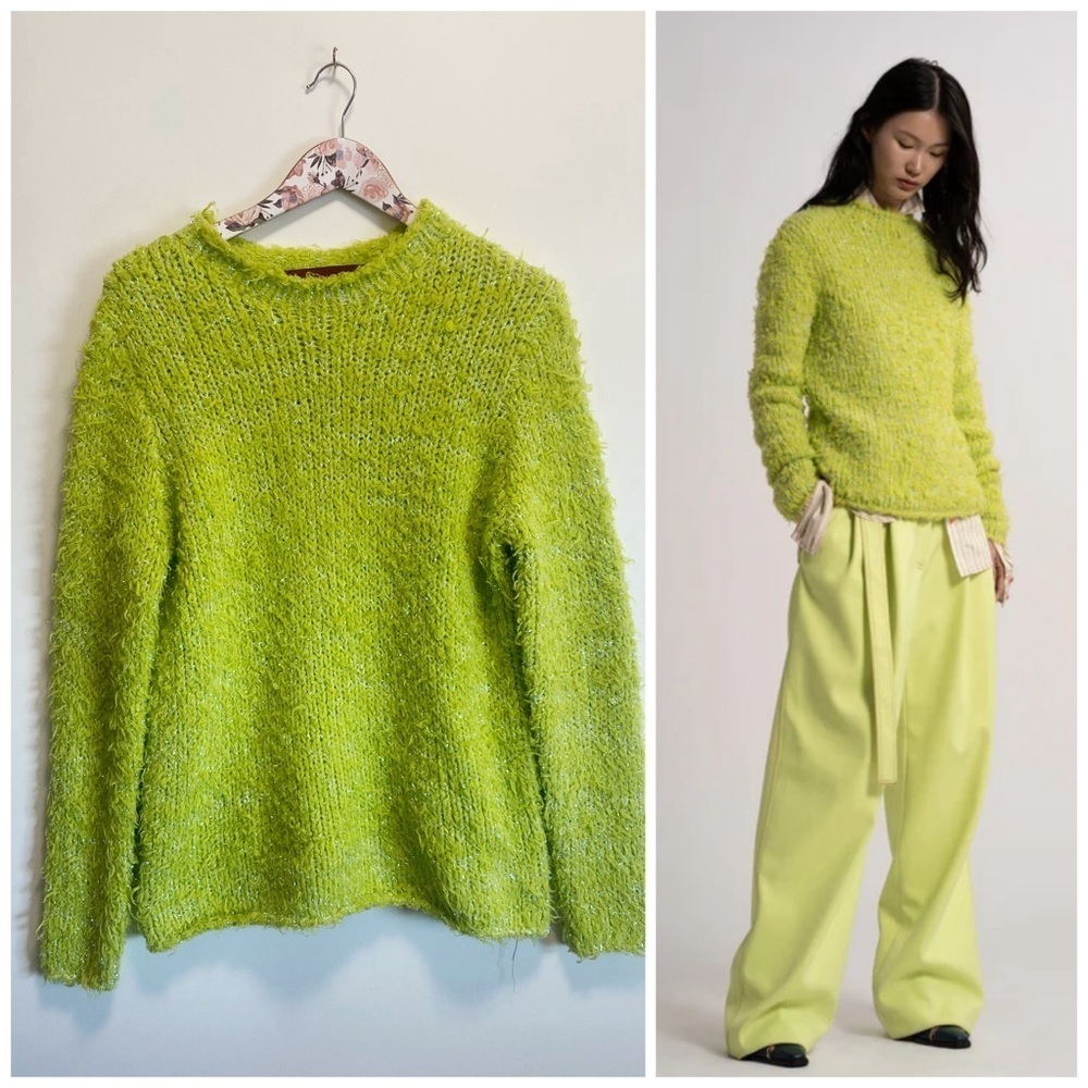 SIES MARJAN Leta Fuzzy Metallic Slim Sweater! Lime Green & Silver Small